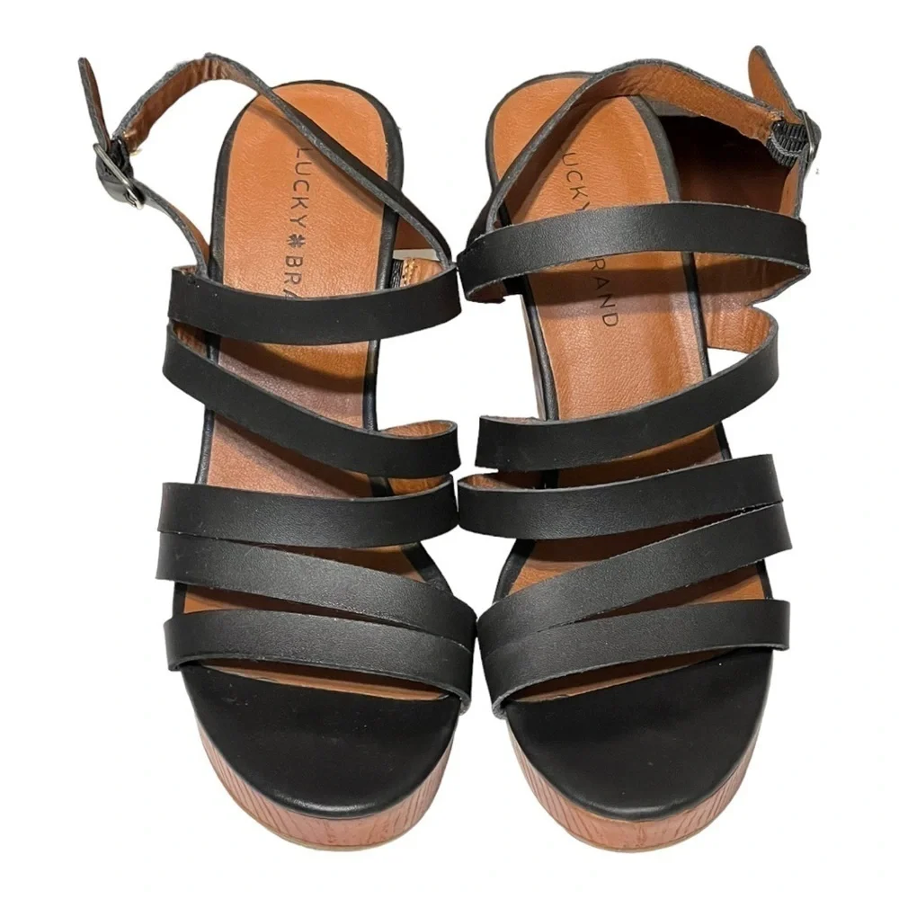 Lucky Brand Larinaa Wedge Sandals 9M Black Leather Strappy Platform Heel